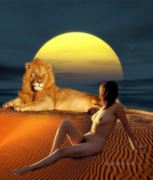  Original Art - lion and beauty nude original